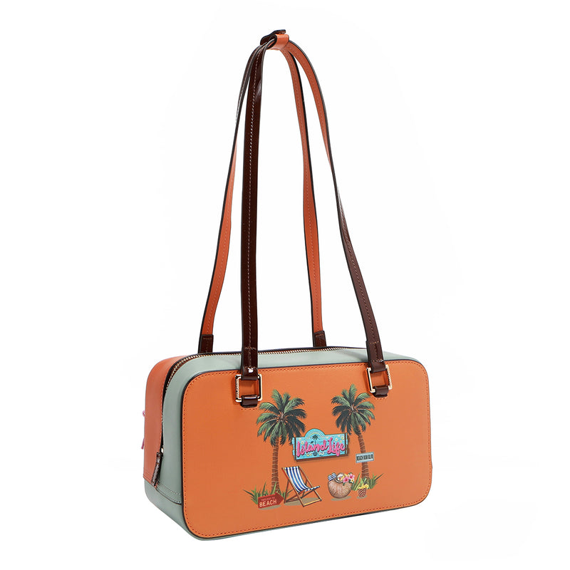 Our Sun and Sand Shoulder bag with beach-themed design set on a white background