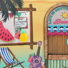 Tropical-themed scene with a sign, guitar, and deck chair on a yellow background