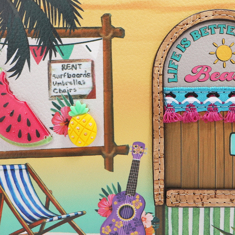 Tropical-themed scene with a sign, guitar, and deck chair on a yellow background