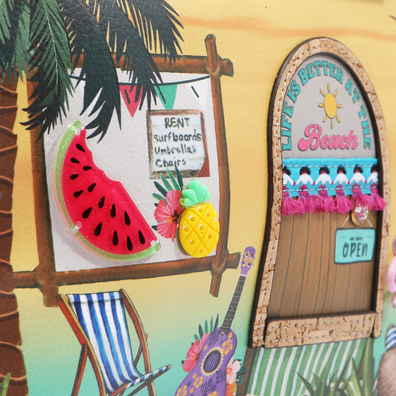 Sun and Sand Tropical-themed door with 'Life is Better at the Beach' sign, watermelon, pineapple, and deck chair.