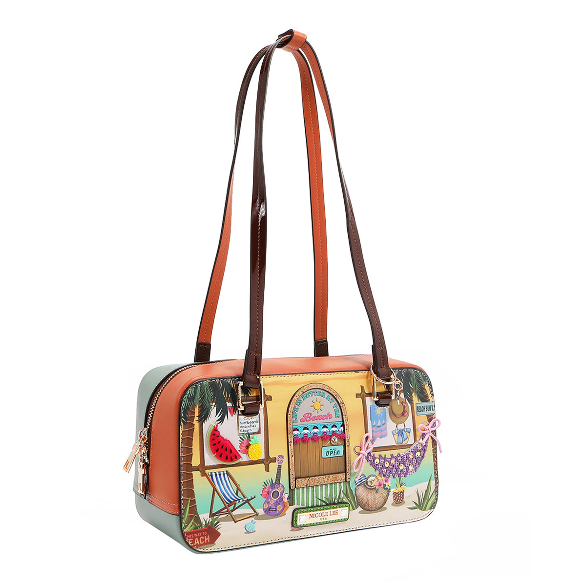 Our Sun and Sand Shoulder Handbag with a tropical design of a beach house scene set on a white background