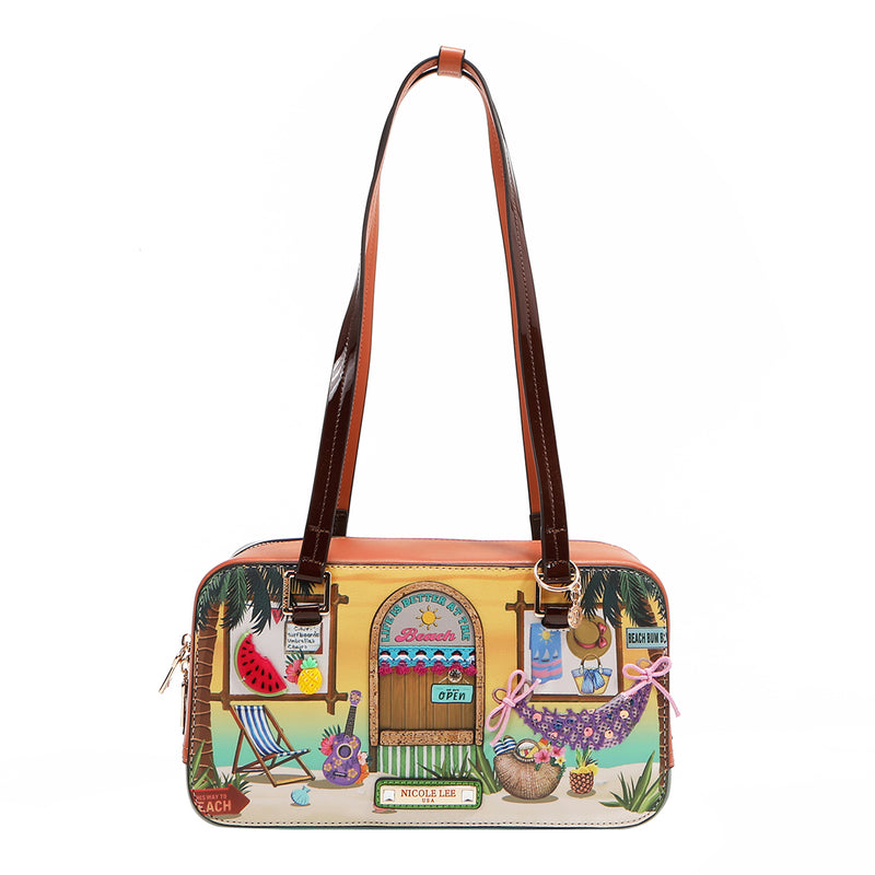 Our Sun and Sand Shoulder Handbag with a tropical design of a beach house scene set on a white background