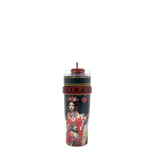 40 OZ STAINLESS STEEL TUMBLE IN OUR AKIKO LA BELLEZA DESIGN. JAPANESE WOMEN WEARING A KIMONO WITH A HAIRSTYLE ADORNED WITH RED FLOWERS AND RED RIBBONS. SITTING ON A SOFA WITH A (SHAMISEN) GUITAR IN HER HANDS. THE BACKGROUND IS BLACK WITH FLOWER SILHOUETTES. STAINLESS STEEL STRAW WITH REMOVABLE SILICONE STRAW TIP.