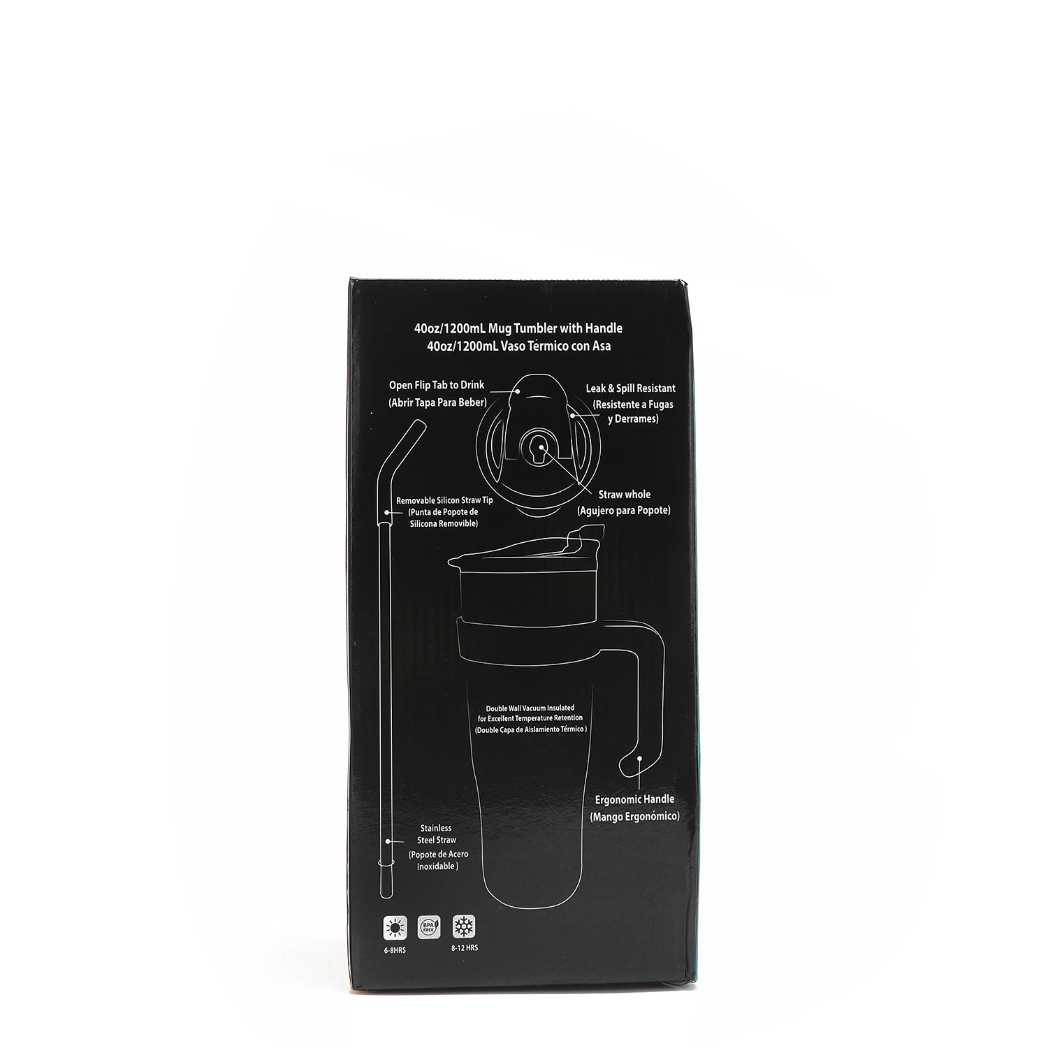 ON THE BACK OF THE BOX, THE PARTS OF THE TUMBLER ARE DRAWN AND THEIR NAMES ARE WRITTEN IN SPANISH AND ENGLISH.