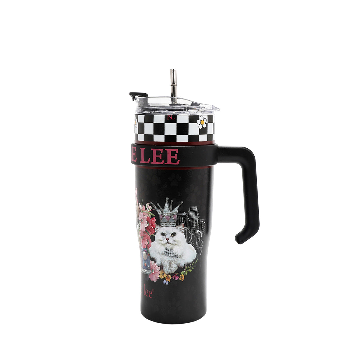 STAINLESS STEEL BLACK TUMBLER  WITH A HANDLE AND SILVER STRAW IN OUR FAMILY YEARBOOK DESIGN.