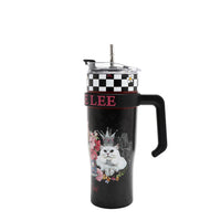 STAINLESS STEEL BLACK TUMBLER  WITH A HANDLE AND SILVER STRAW IN OUR FAMILY YEARBOOK DESIGN.