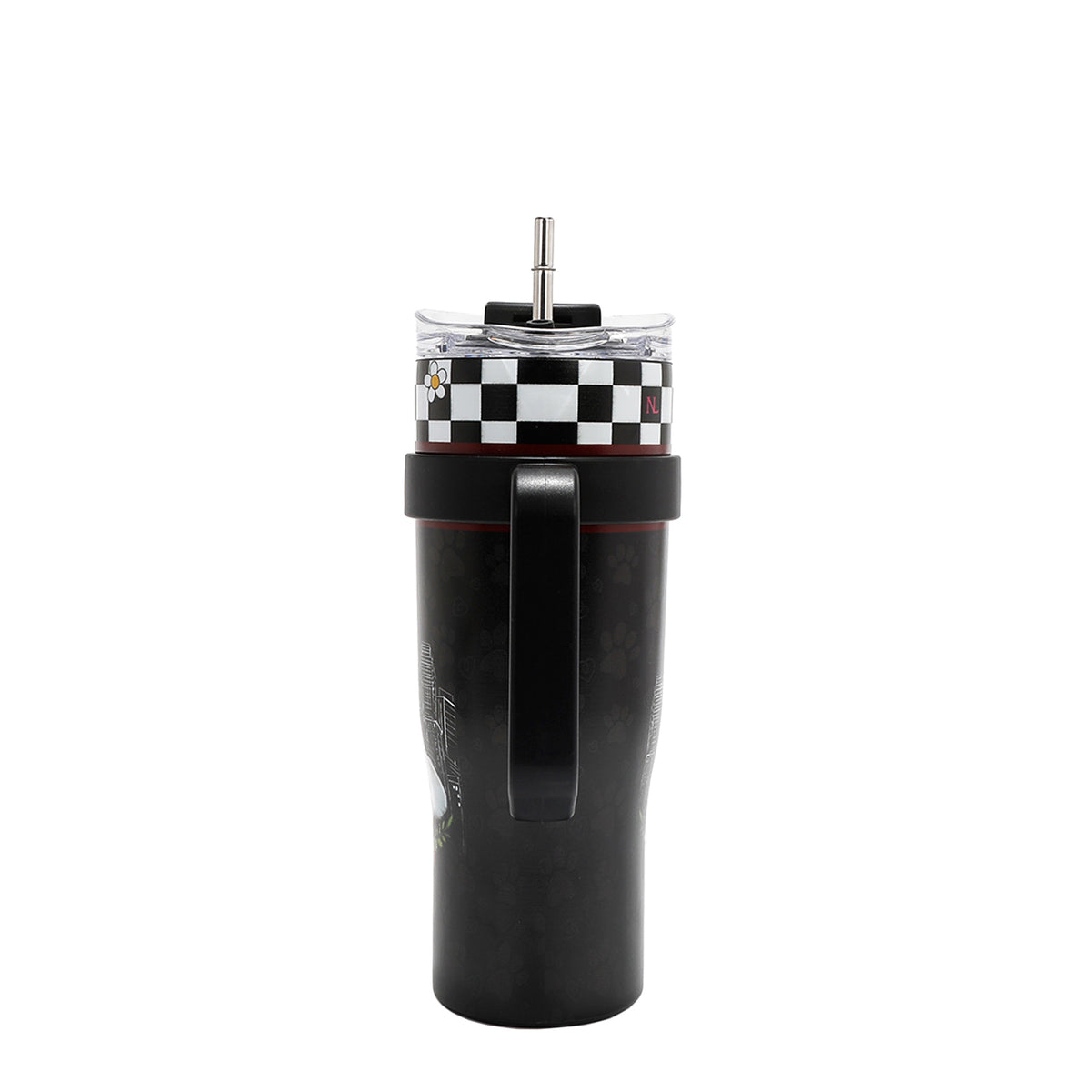 STAINLESS STEEL BLACK TUMBLER  WITH A HANDLE AND SILVER STRAW.