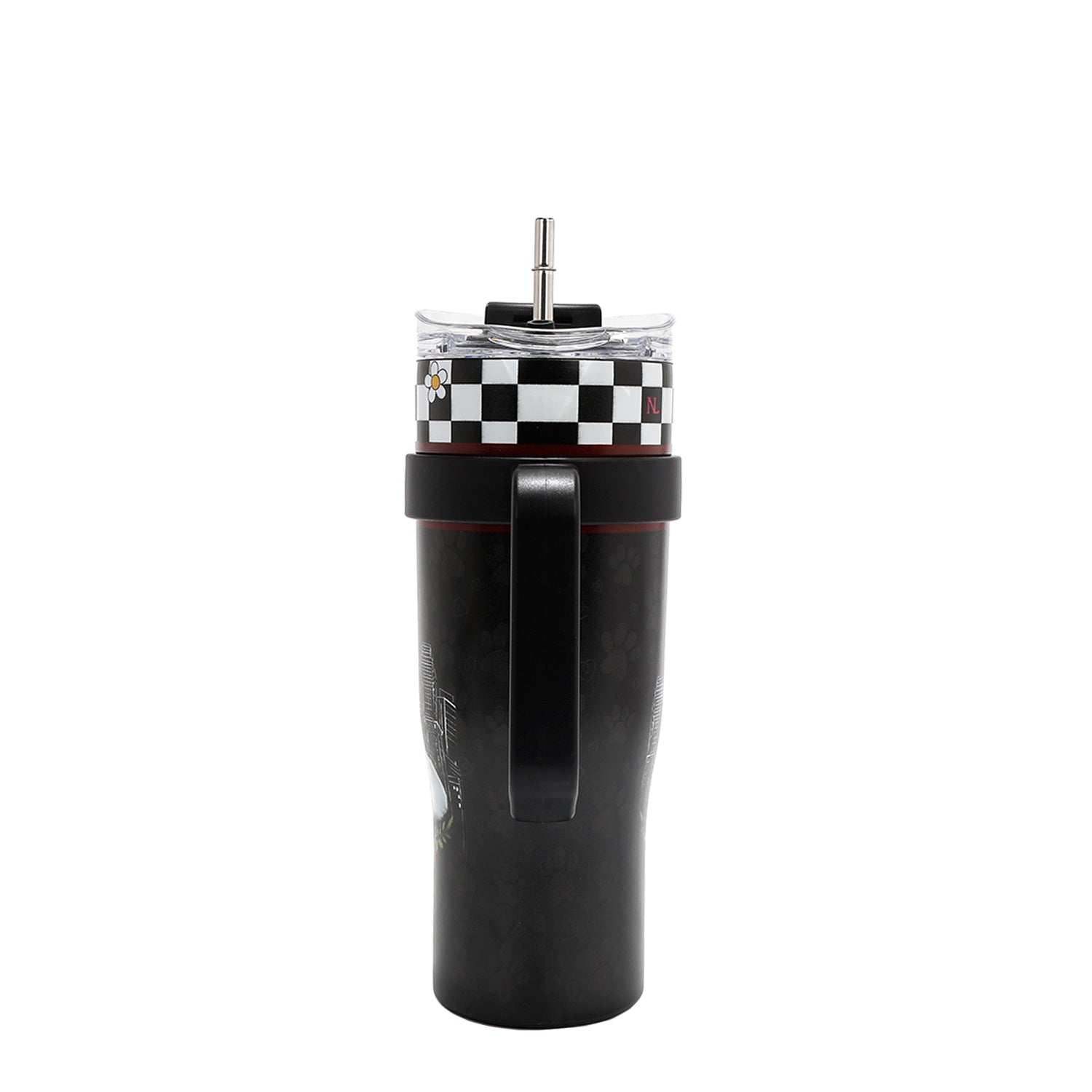 STAINLESS STEEL BLACK TUMBLER  WITH A HANDLE AND SILVER STRAW.