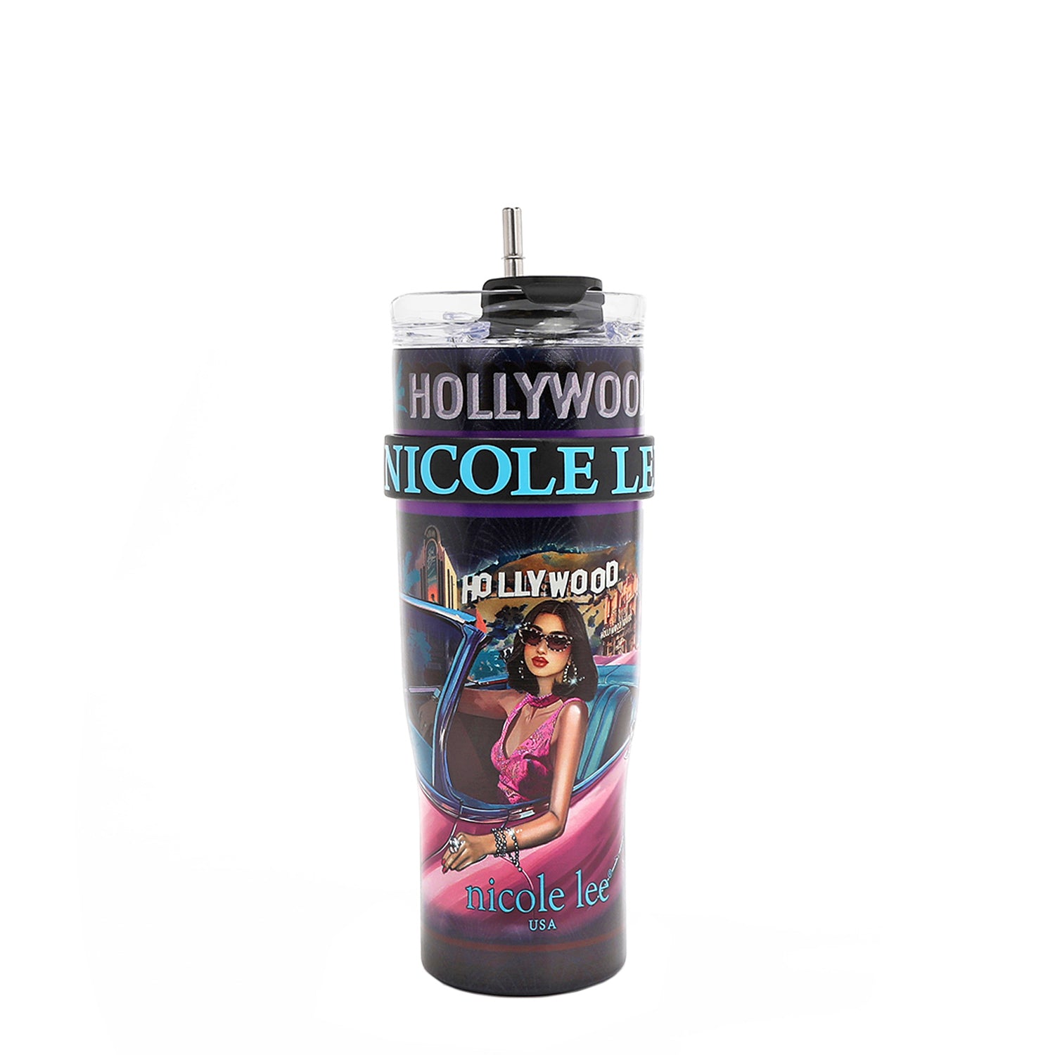 40 OZ STAINLESS STEEL TUMBLE IN OUR  HOLLYWOOD DRIVE DESIGN. A WOMEN DRIVING AROUND THE HOLLYWOOD SIGN IN A PINK CONVERTIBLE CAR.SOME MOUNTAIN AND PALM TREES IN THE BACKGROUND. STAINLESS STEEL STRAW WITH REMOVABLE SILICONE.