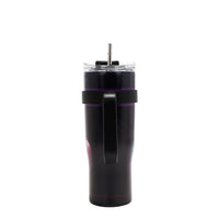 STAINLESS STEEL BLACK TUMBLER  WITH A HANDLE AND SILVER STRAW.