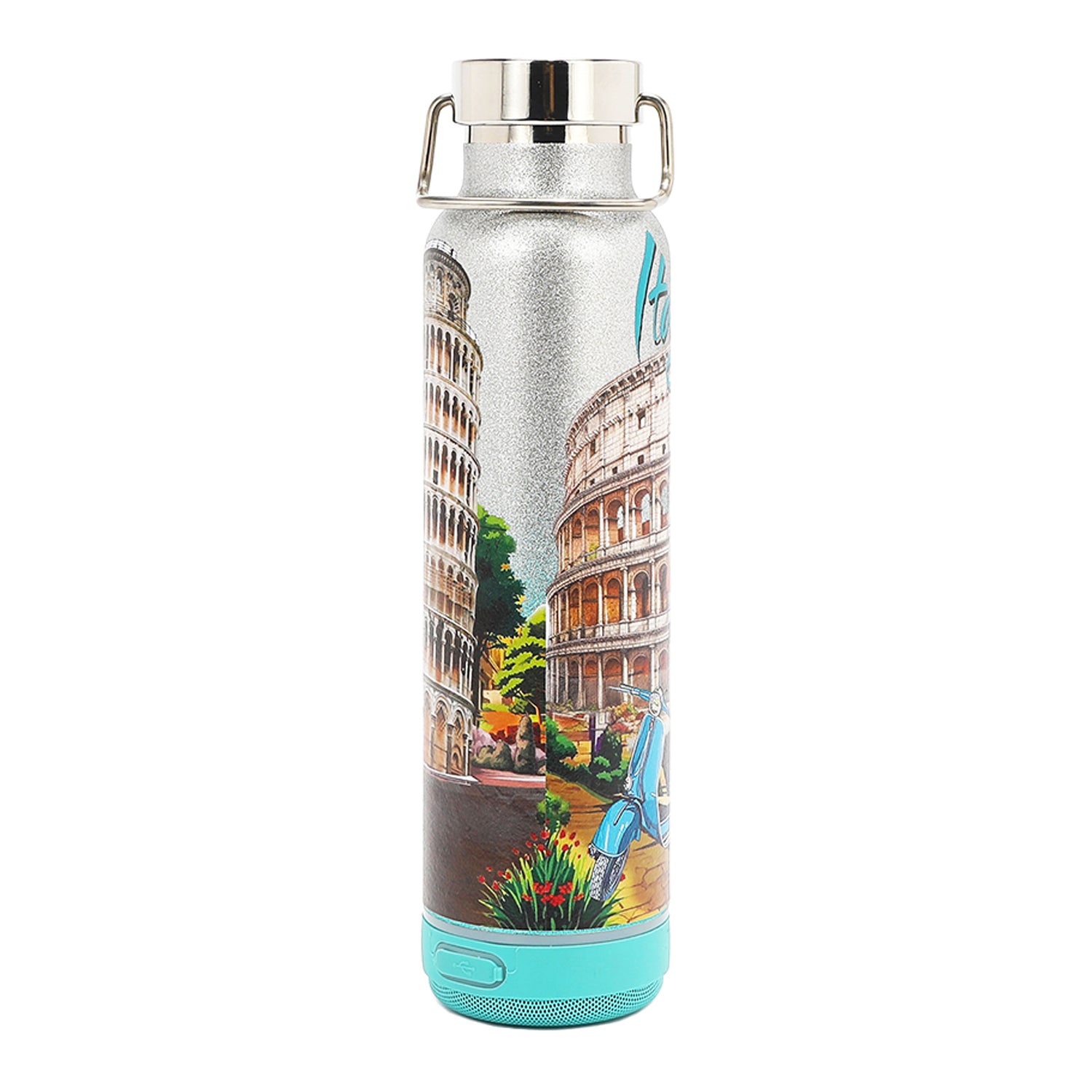 THE TUMBLER  HAS A SILVER GLITTER BACKGROUND, SHOWING PART OF THE COLOSSEUM IN ROME ITALY AND THE LEANING TOWER OF PISA.