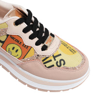 A CLOSER LOOK TO THE FRONT OF NAIL POLISH FASHION GLITTER SNEAKERS. PEACHY COLOR WITH BLACK LACES IN OUR NAIL POLISH DESING 