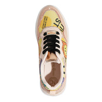 A VIEW FROM ABOVE TO OF OUR NAIL POLISH FASHION GLITTER SNEAKERS  . PEACHY COLOR WITH BLACK LACES.