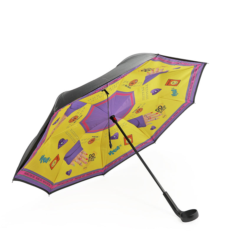OUR BLAKELY INVERTED CUP HOLDER UMBRELLA IN OUR NICOLE LEE NAIL POLISH DESIGN.