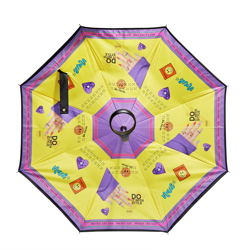 OUR BLAKELY INVERTED CUP HOLDER UMBRELLA IN OUR NICOLE LEE NAIL POLISH DESIGN.
