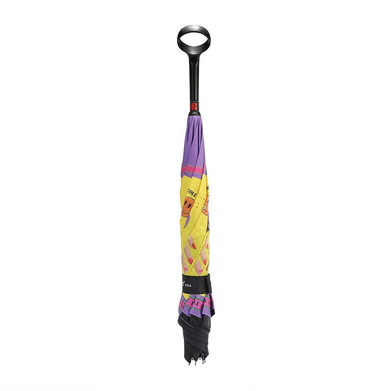 OUR BLAKELY INVERTED CUP HOLDER UMBRELLA IN OUR NICOLE LEE NAIL POLISH DESIGN. CLOSE WITH AN Automatic push-button
