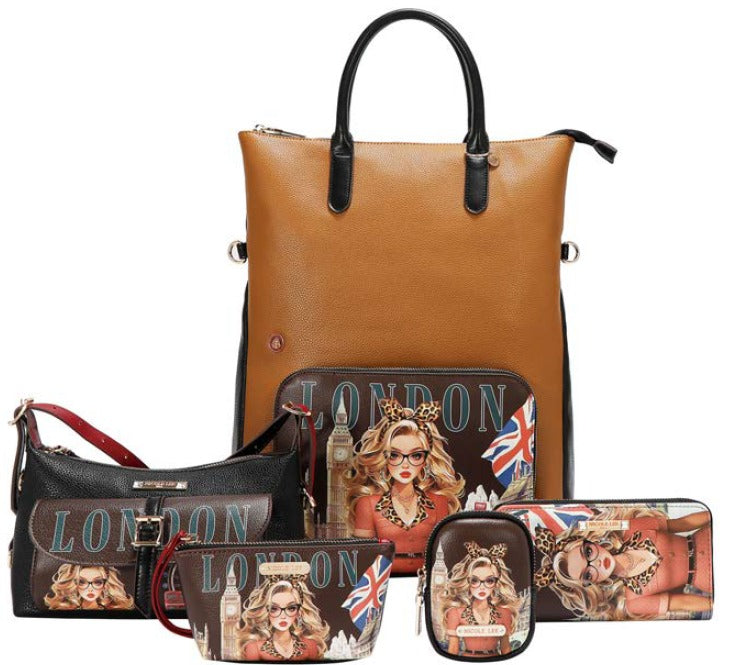 LONDON EYE 5 PC CONVERTIBLE BAG / BACKPACK SET (LARGE CONVERTIBLE BAG / BACKPACK, CROSSBODY, POUCH, COINPURSE, WALLET)