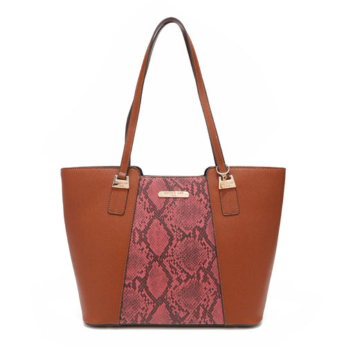 Nicole Lee Malia large shopper part of our Nicole Lee Malia 3-in-1 set featuring a spacious everyday tote, crossbody, and wristlet clutch in mauve and brown with faux snakeskin accents. Dual top shoulder straps for comfortable carry. 